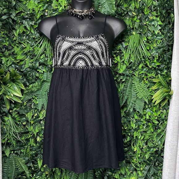 ZARA Dress Women Large Black Beige Mini Linen Blend Crotchet Boho 2227 - Picture 2 of 7